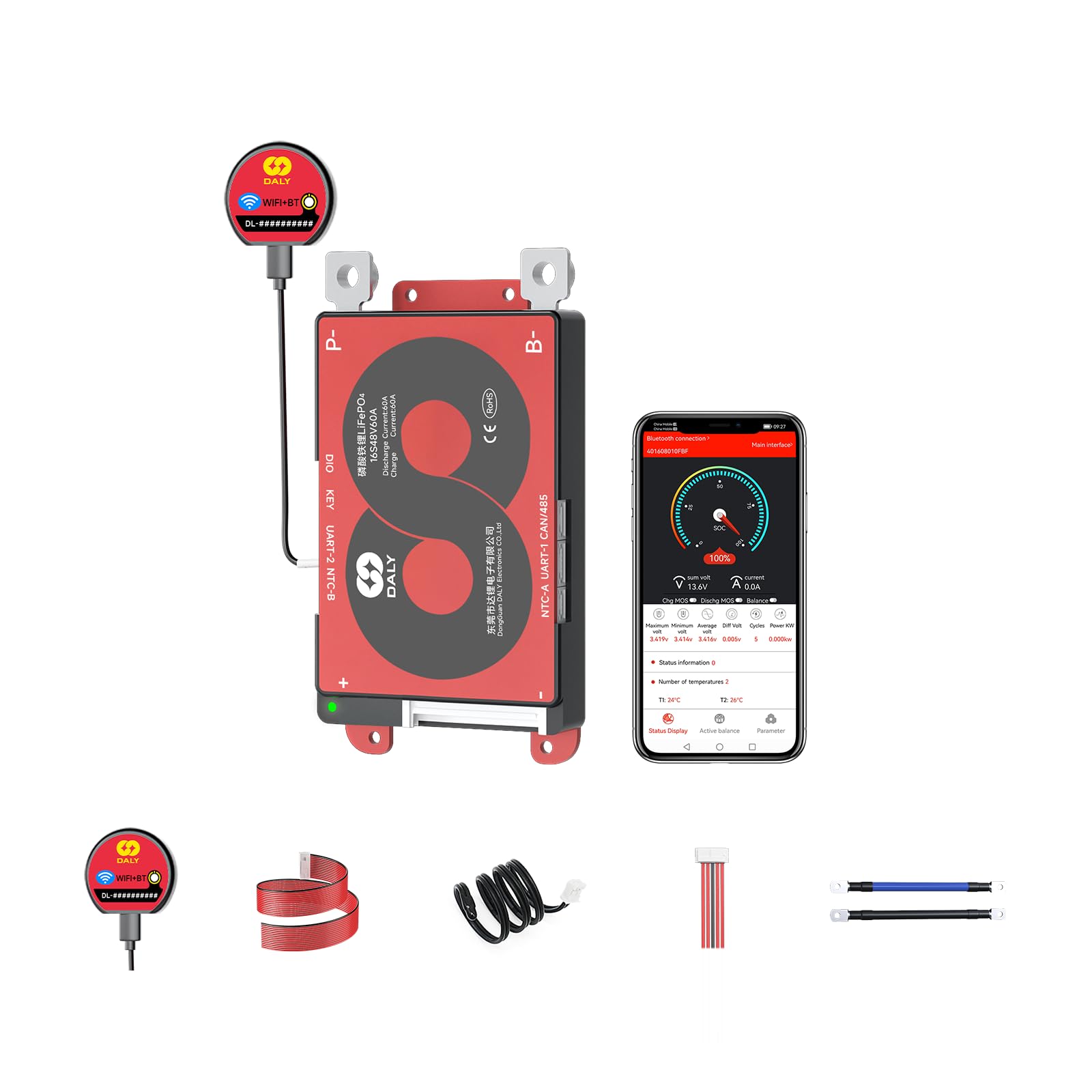 DALY Smart BMS 4S-16S 40A-500A with WiFi Module and CAN 485 Communication Protection Board for LifePO4 Lithium Battery Pack (Smart BMS 16S 48V，60A)