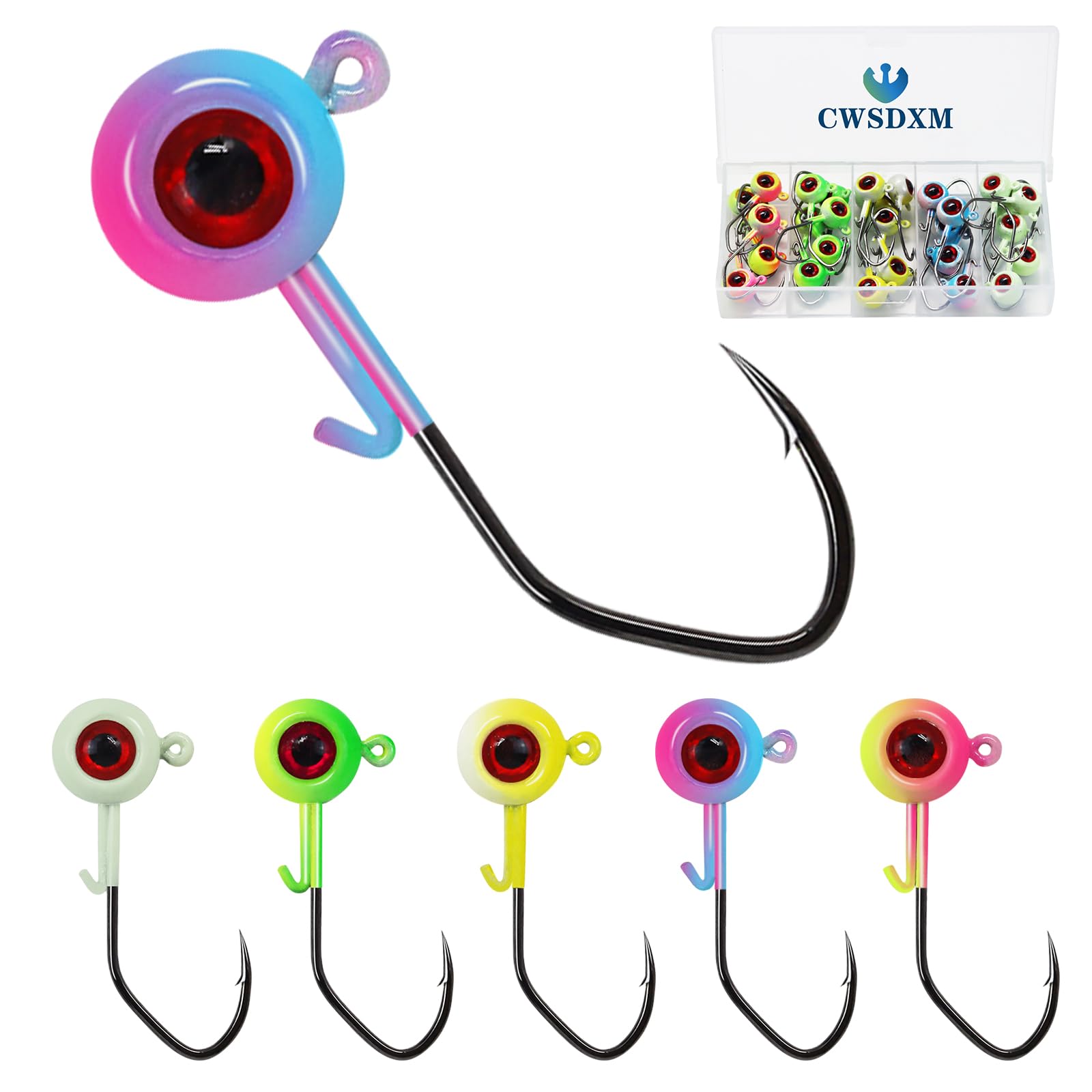 CWSDXM Painted Crappie Jig Heads 3D Eyes Fishing Hooks with Wire Keeper Lures for Crappie Panfish Bass Fishing Jig Hooks Assortment 1/16 oz 1/8 oz 3/