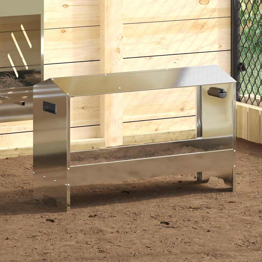 Rynna do karmy dla kur, ocynkowana stal, 81 x 32 x 53,5 cm, srebrny, dozownik karmy o pojemności 15 kg, odporny na warunki atmosferyczne, do użytku wewnątrz i na zewnątrz, łatwe czyszczenie