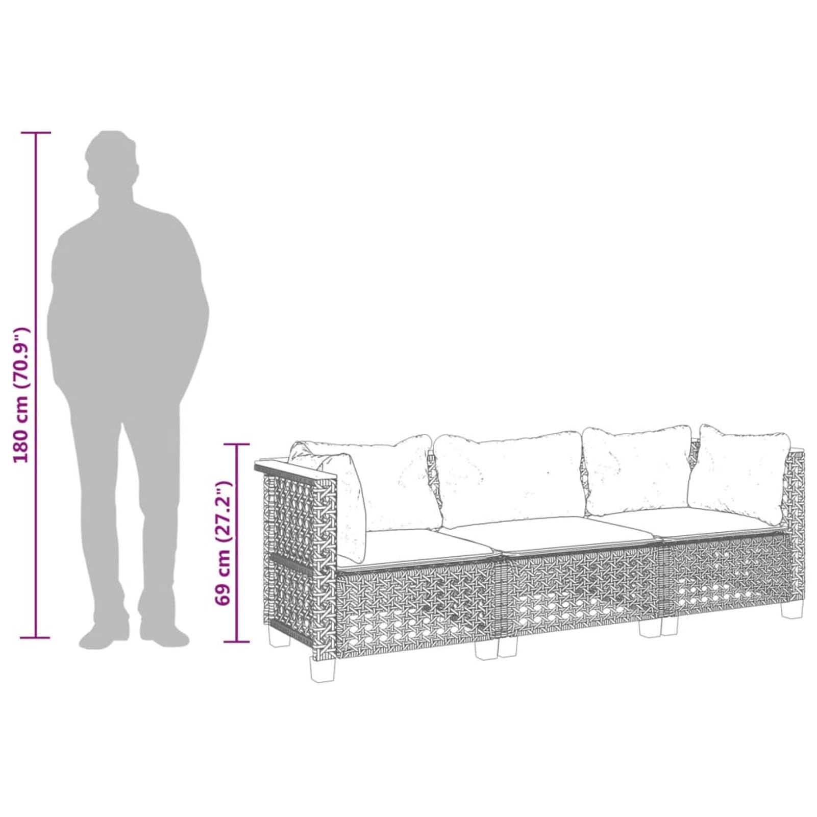 JUDYY Divano da Giardino con Cuscini 3 Posti Grigio in Polyrattan,Divano Giardino,Divano Giardino Esterno,Divano Giardino per Esterno-365939