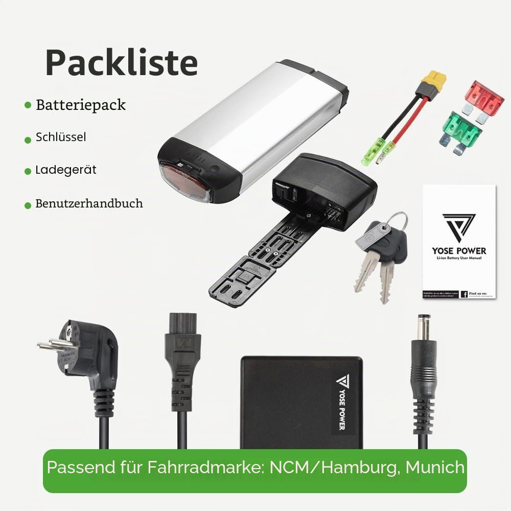 E-Bike Batterie 36V 13Ah Li-ion Akku Gepäckträgerbatterie mit Ladegerät, Passend für 26"/27,5"/28" V-Brake 250W-800W Elektrofahrrad NCM, Hamburg, Munich(36V 13Ah Batterie ohne Gepäckträger)