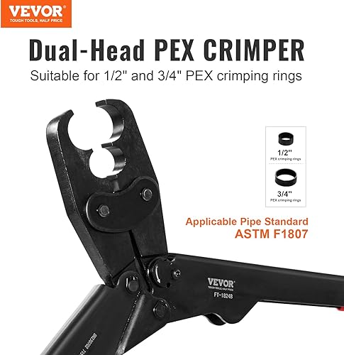Miniatura 2 de VEVOR PEX - Herramienta de crimpado PEX, herramienta de crimpado de cobre PEX de doble cabezal para anillos de crimpado de cobre PEX de 12 y 34