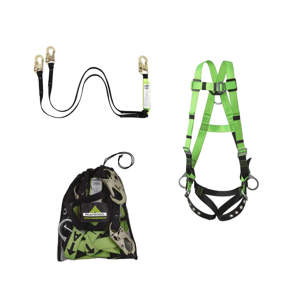Peakworks Lightweight, Comfortable, 6 ft. Double Leg Lanyard with 3 Regular Snap Hooks and Mesh Carrying Bag, Safety Harness (Universal Fit), Fall Protection Compliance Kit, Green, 19"H x 17"L x 14"W