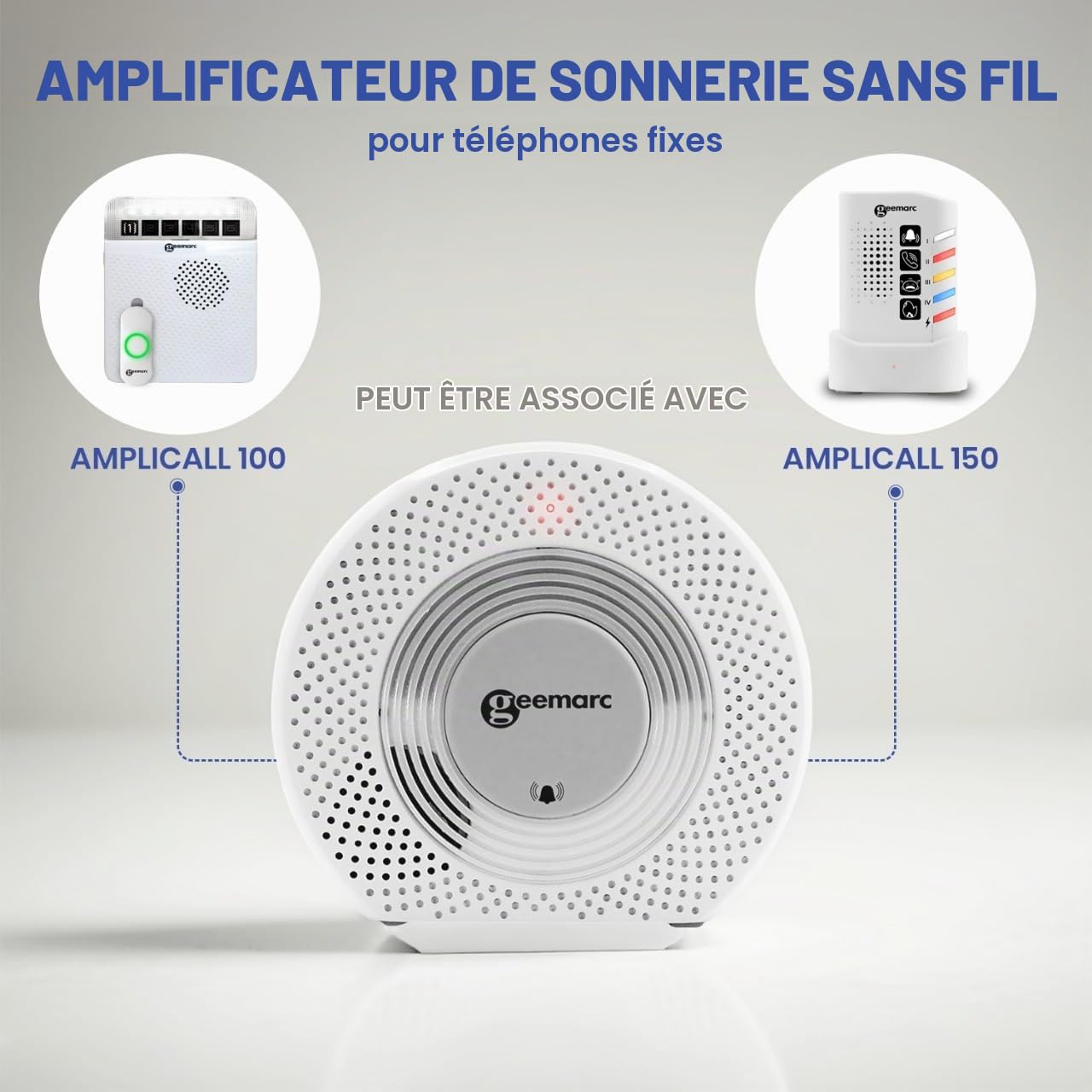Geemarc Amplicall 110 - Amplificateur de Sonnerie de Téléphone Fixe avec Alarme Puissante et Flash Lumineux - Compatible avec Une Gamme d’Avertisseurs pour la Maison à Destination des Malentendants