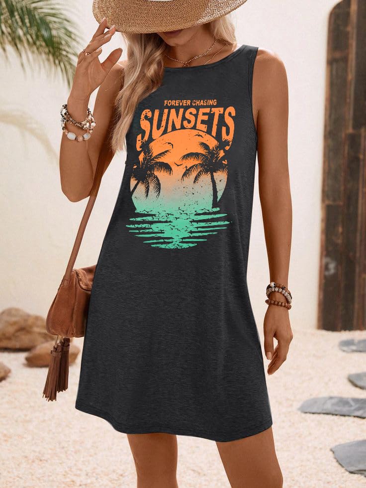 Image of MYHALF Summer Tank Dress for Women Sleeveless Beach Vacation Sundress Short Coconut Tree Sun Dress Casual Coverup