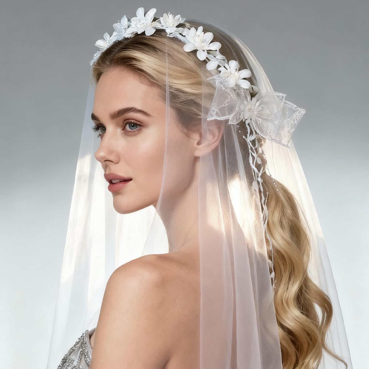 White Veils White Floral Crown Brida Hairbands Photography Hair Wreath Accessory Bow Flower Crown Soft Wreath Wand Wedding Headpiece Adjustable Hair Accessories for Women Girls - Image 6