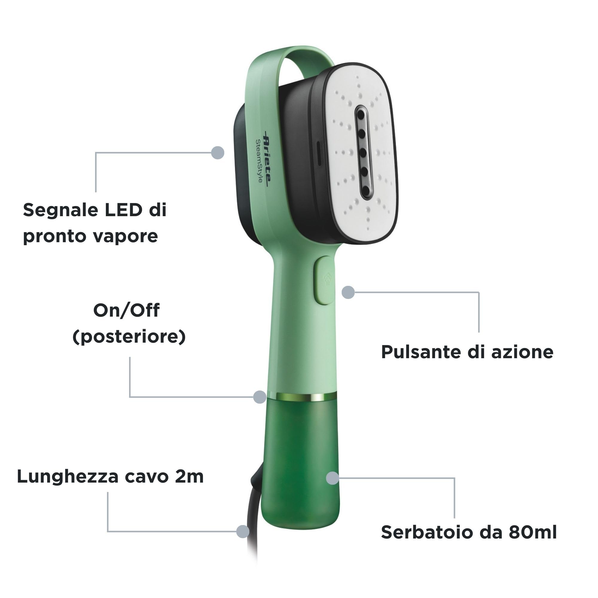 Ariete 4301/01 Steam Style Ferro da stiro verticale 1200W Colpo vapore 20g/min Vapore in 30 secondi Capacità 80ml Mint