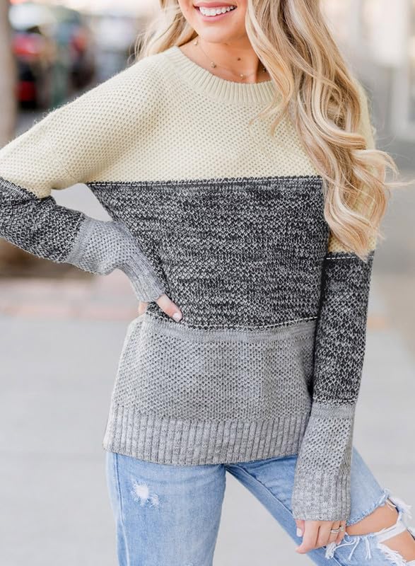 Image of Dokotoo Womens Color Block Sweaters Long Sleeve Pullover Knit Tops
