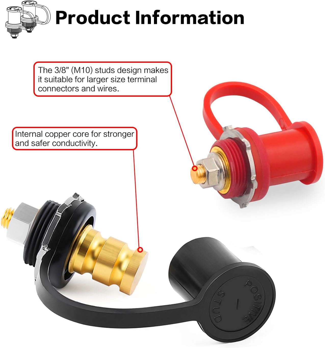 Battery Jump Post 3/8" Stud Waterproof Remote Battery Terminals with Cover 250A Battery Charging Post Kit for Marine Car RV Truck