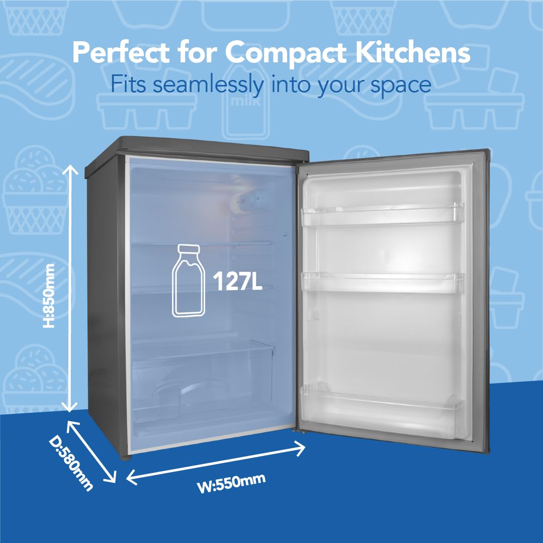 Igenix IG255X Freestanding Under Counter Larder Fridge with 2 Adjustable Glass Shelves, 1 Salad Drawer with Shelf On Top, Reversible Door, 127 Litre Capacity, 55 cm Wide, Inox — view 3