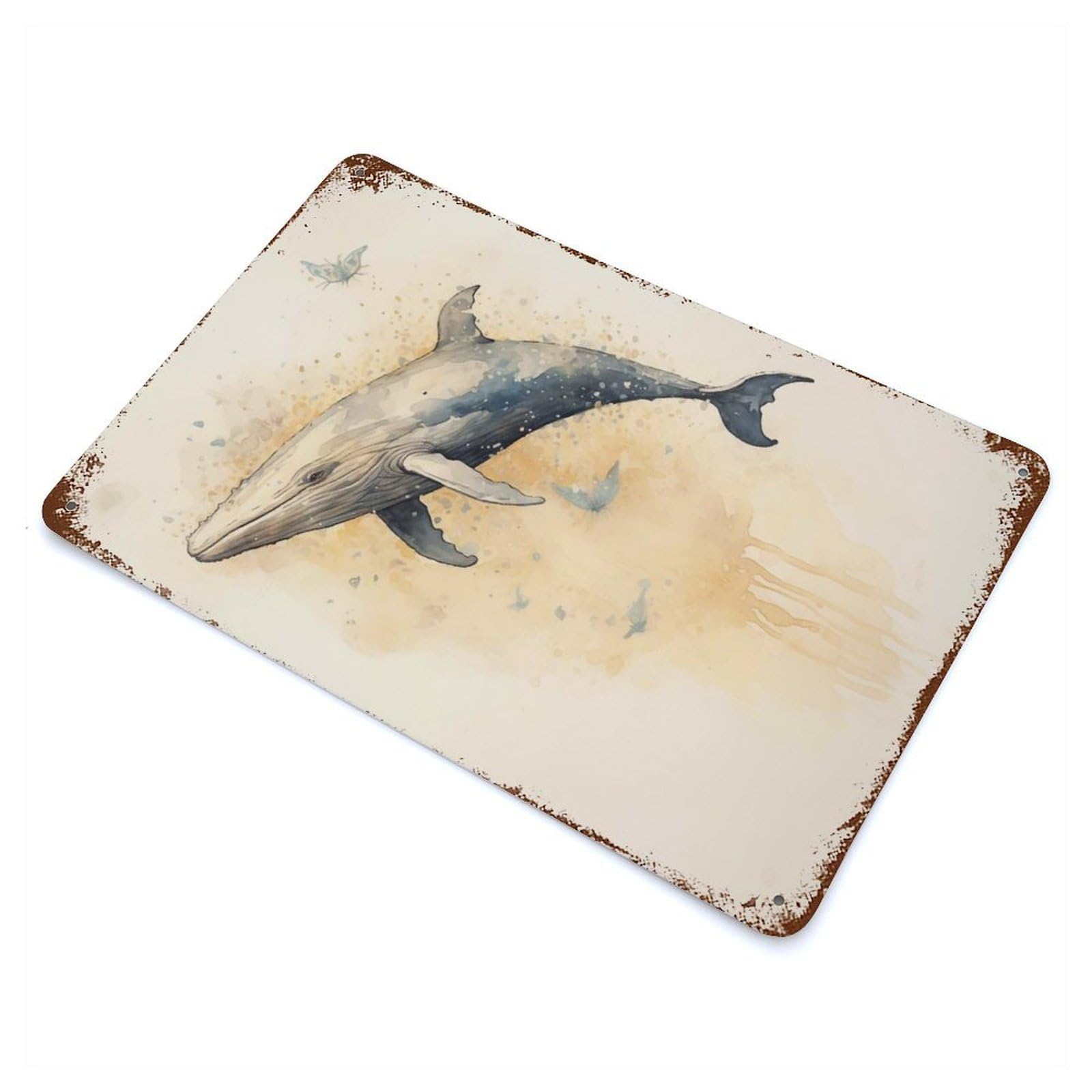 Watercolor Whale Big Fish Vintage Wall Sign 11.8"x7.9", Rust Effect Metal Decor for Basement, Hobby Room And Garage Decor