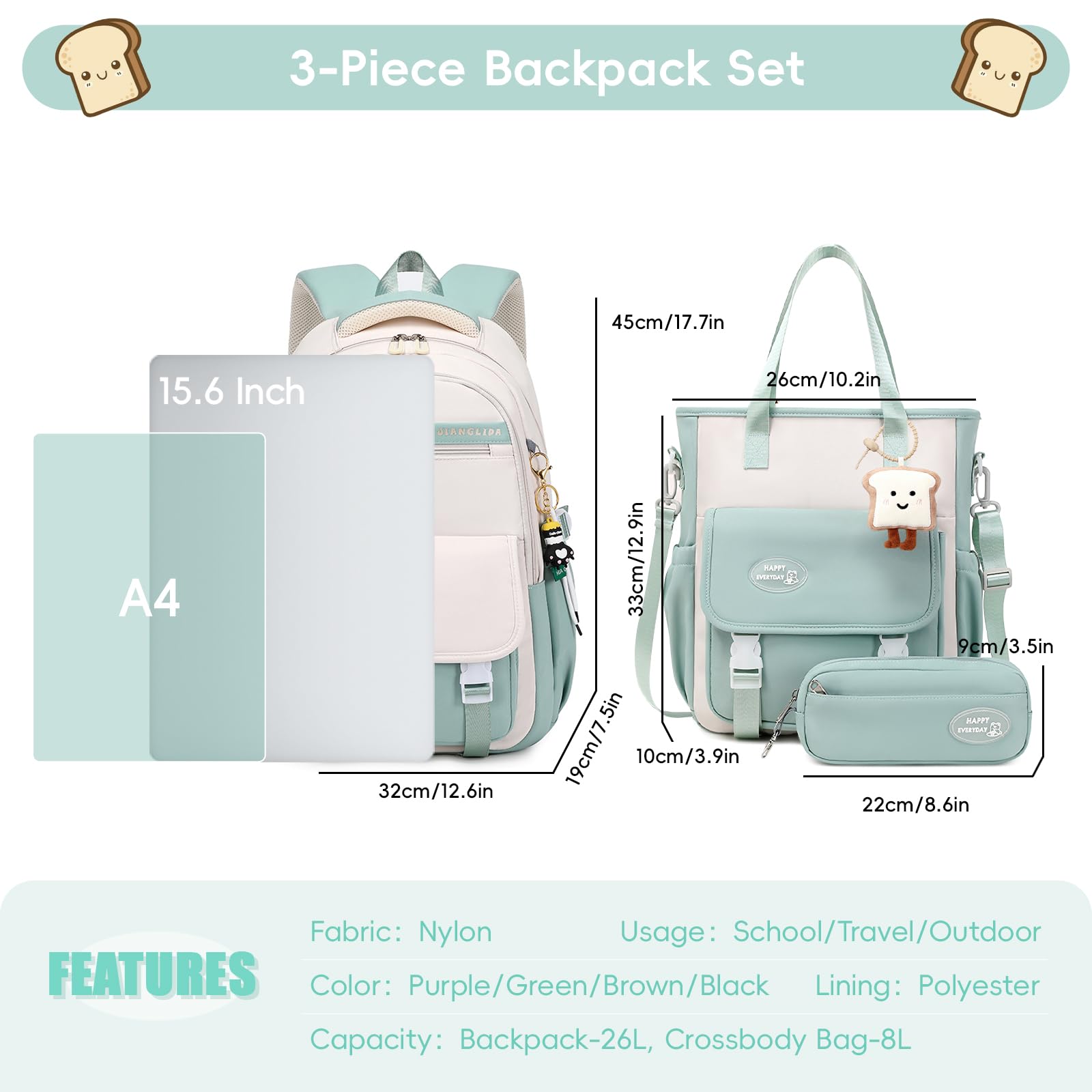 Tanou Schulrucksack Mädchen Rucksack für Teenager, Schultaschen-Set mit Studenten Umhängetasche und Federmäppchen, Kinder Schulranzen Casual Daypack School Bag for Girls
