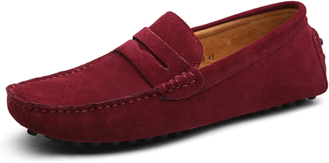 Men's Suede Leather Slip On Flats Penny Loafers Casual Lightweight Soft Round Toe Breathable Flexible Walking Boat Smoking Shoes for Daily Commuting Work Leisure Driving Outings