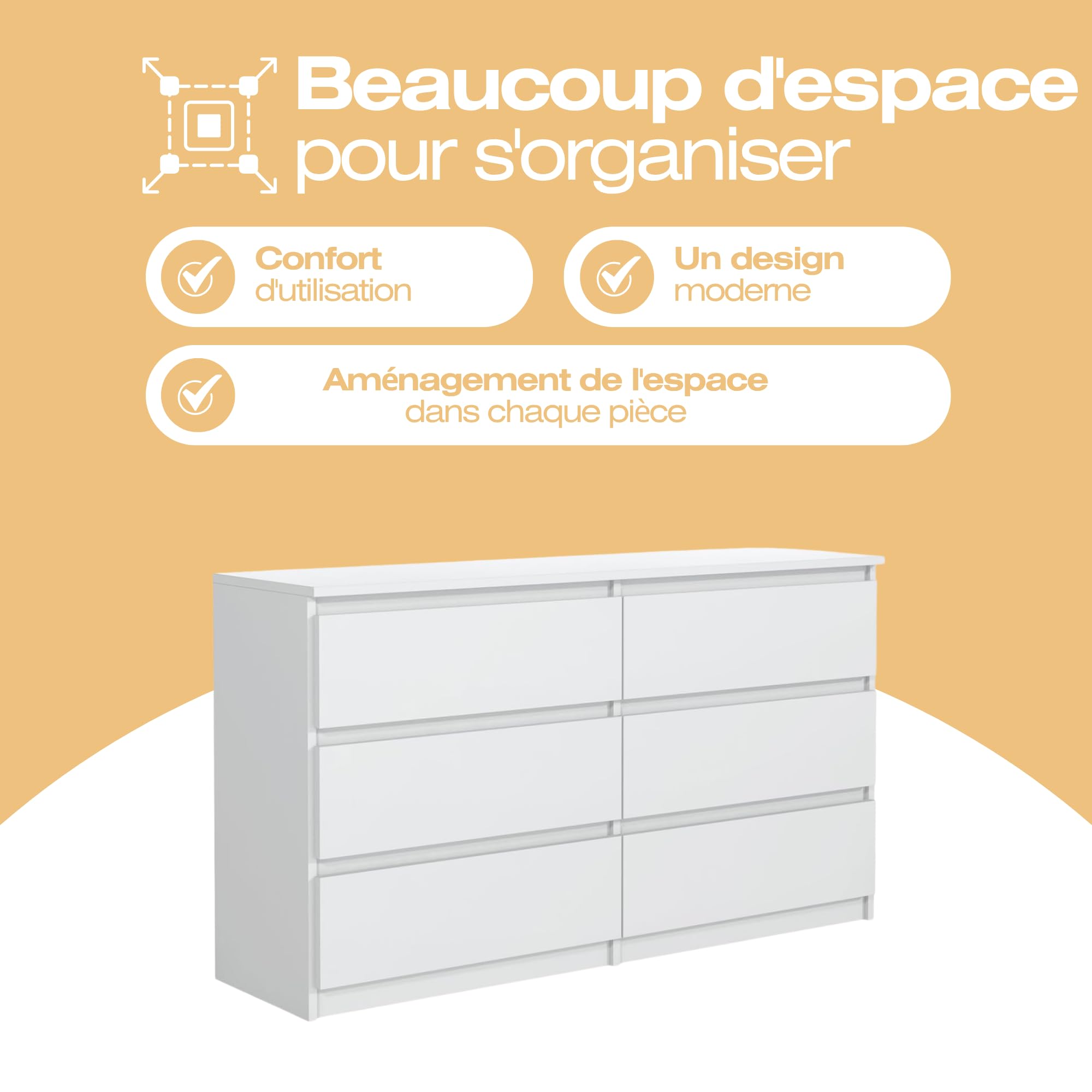 Commode 6 Tiroirs Blanc 120 cm - Design Minimaliste - 120 x 39 x 78,5 cm - Meuble de Rangement Spacieux pour Chambre, Salon ou Bureau