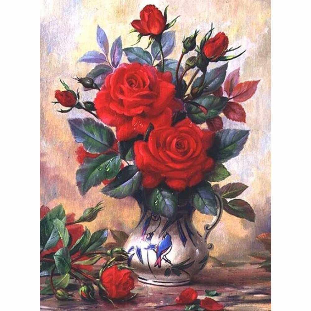 Amazon | 5Dダイヤモンド絵画アートキット 陶磁器の花瓶の中の赤いバラ