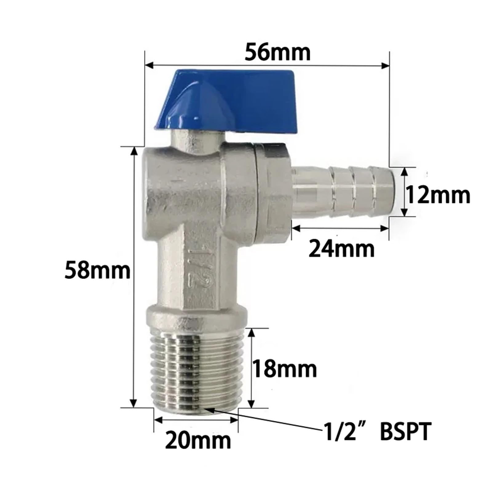 DEBLAN Zawór kulowy 1/5.1 cm B-S-P-T Adapter 12 mm Sprzęt Zawór kątowy klasy sanitarnej (typ 2)