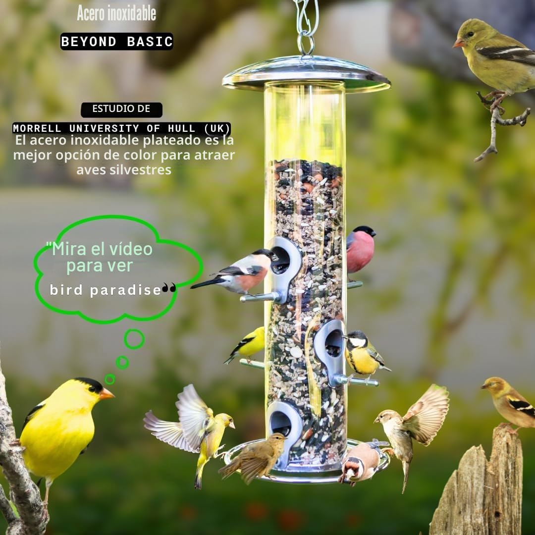 PROVIDE Comedero grande de acero inoxidable para pájaros, fácil de limpiar, comederos para pájaros pequeños, comederos para pájaros silvestres fáciles de abrir. Comedero colgante para semillas,