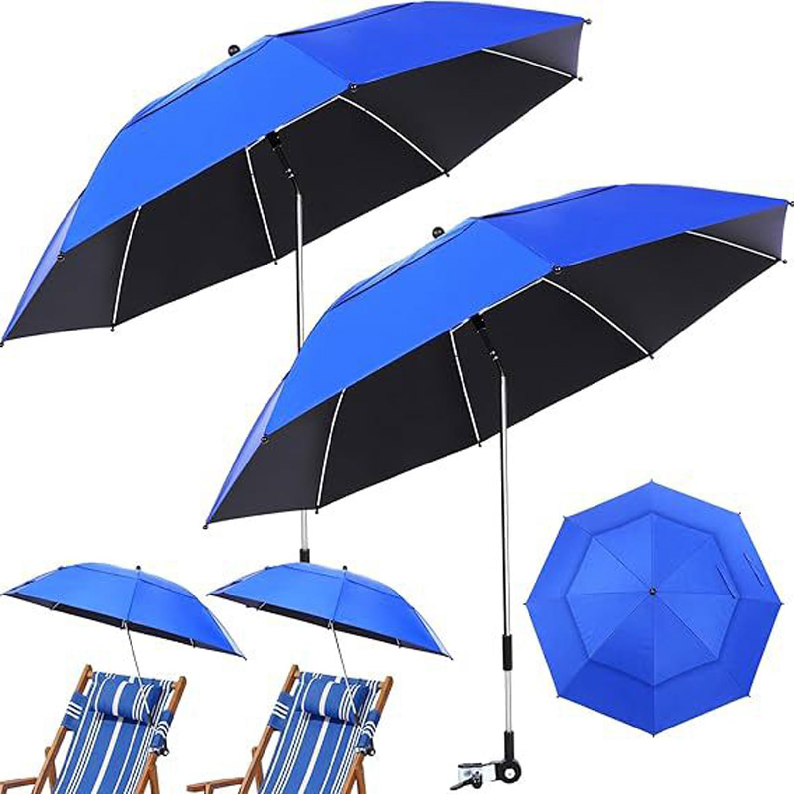 2PCS Stuhl Sonnenschirm mit Universal-Klemme 48.6inch Sonnenschirm für Strandstühle mit UV Schutz UPF 50+ 360 ° verstellbare Tragbarer Clip-Regenschirm für Kinderwagen/Angeln Stuhl/Golf Trolley Cart