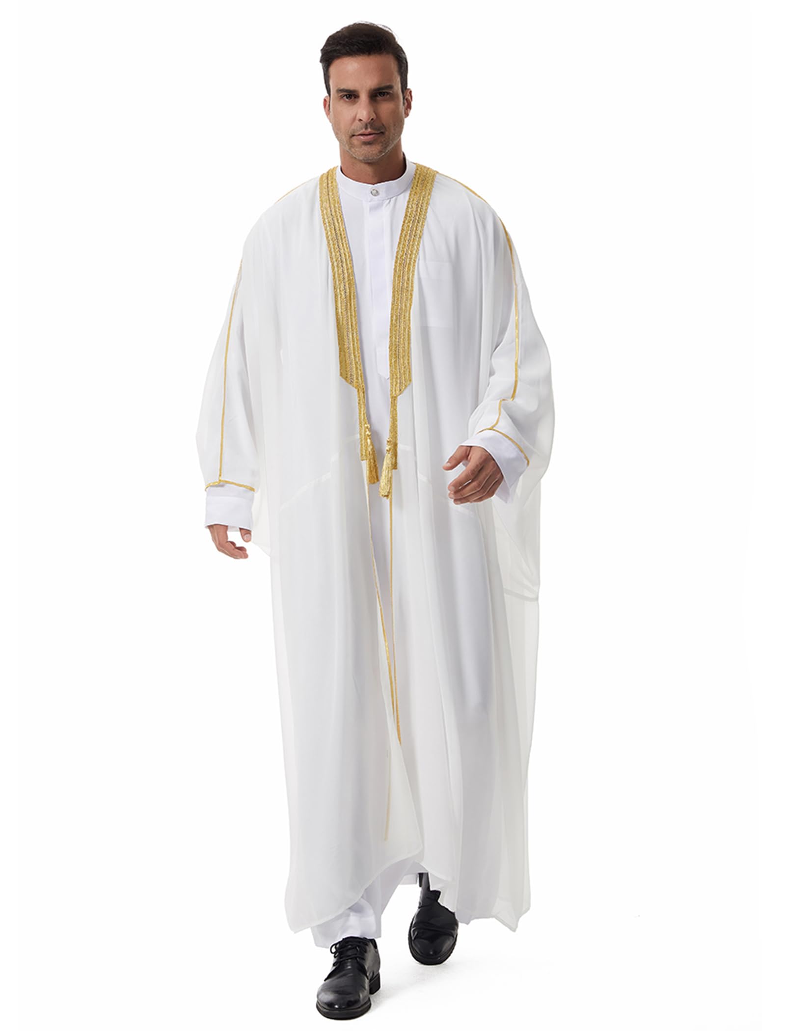 Mens Kaftan Thobe Muslim Thobe Ramadan Abaya Prayer Dress Chiffon Open Front Embroidered Cardigan Dubai Islam Kimono