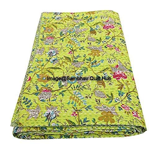 Couette Indienne Kantha Artisanale - Oiseau De Paradis Imprimé, 100% Coton, Réversible - Taille Twin 60x90 Pouces - Couvre-lit, Jeté, Décoration Bohème
