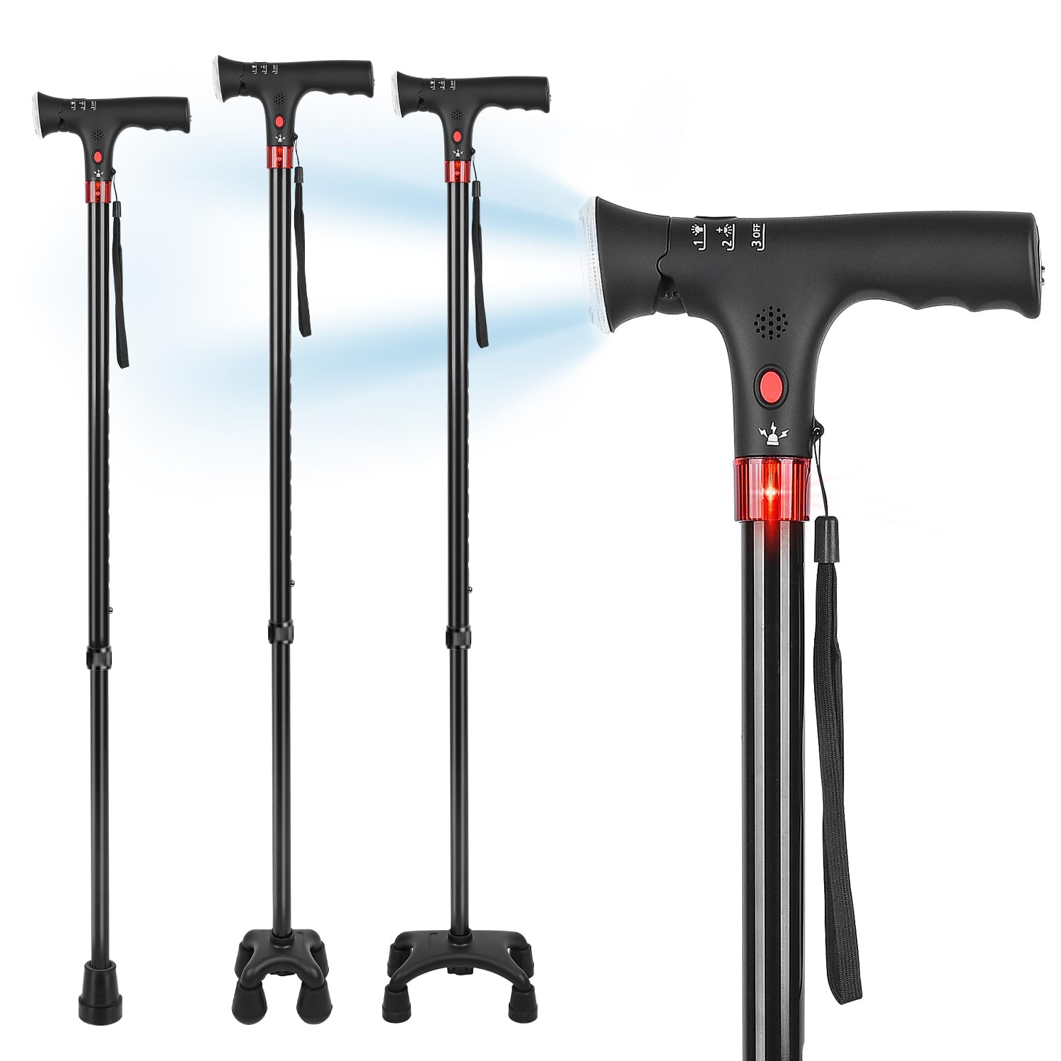 Canne à Pied 120 kg Capacité, Canne réglable en Hauteur avec Lampe de Poche LED et Alarme, Canne à Pied pour Les Personnes âgées et Les Adultes Qui Ont Besoin de Plus de Soutien.