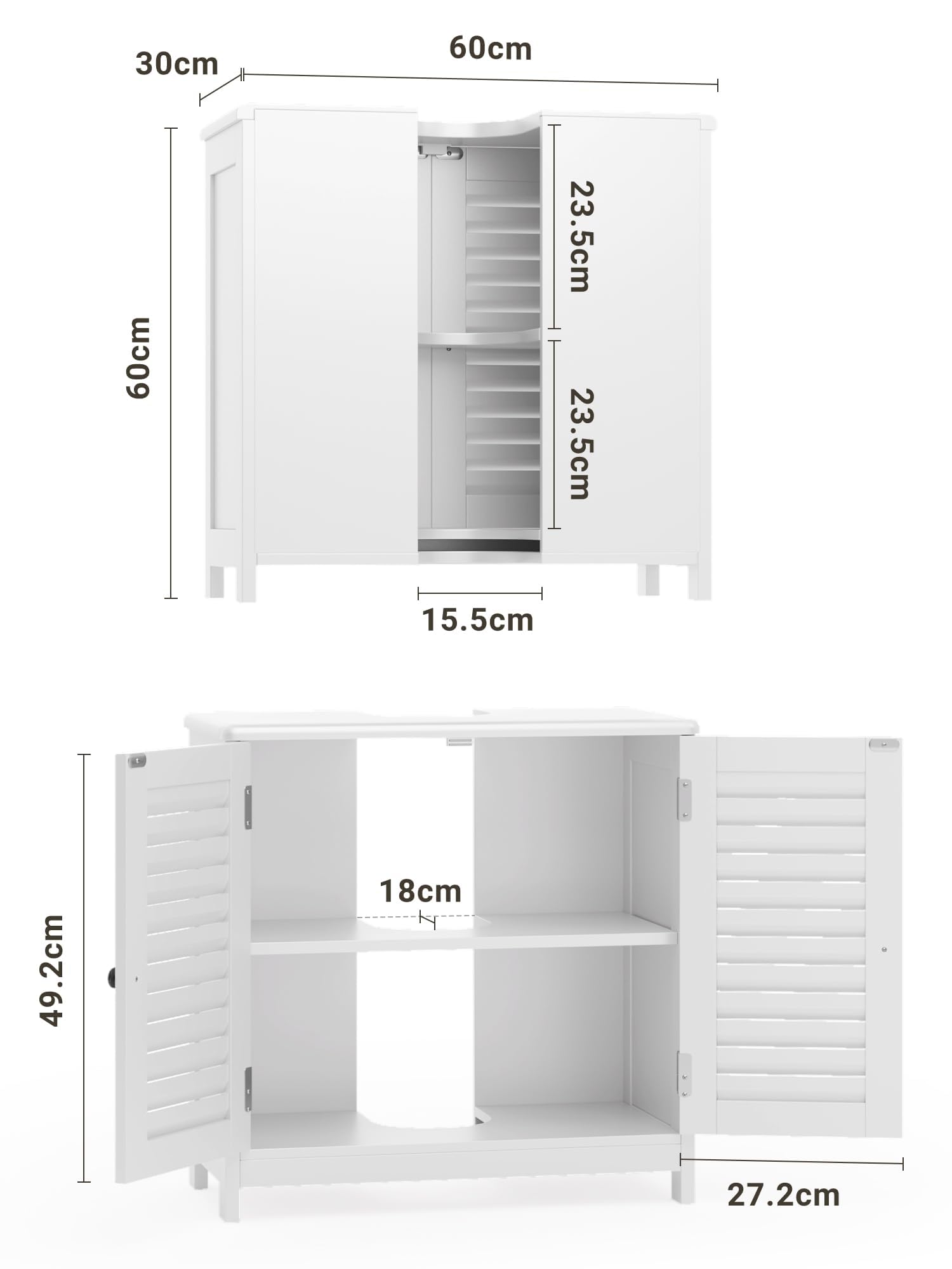Xbro Mueble Bajo Lavabo con Pedestal, Mueble Auxiliar de Baño para Lavabo de Pie, Armario con 2 Puertas y 2 Estantes, 60 x 30 x 60 cm,Blanco
