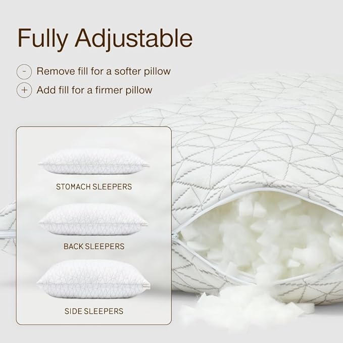 The Coop Home Goods Original Adjustable Pillow is a versatile and customizable pillow designed to provide optimal comfort and support for a variety of sleeping positions, including back, stomach, and side sleepers. This pillow features cross-cut memory foam fill, which allows users to adjust the loft and firmness by adding or removing the fill to suit individual preferences. The memory foam is CertiPUR-US certified, ensuring it is free from harmful chemicals and safe for indoor use.