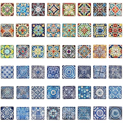 PandaHall 48pcs Cabochons Quadratische Mosaikfliesen Bodenfliesen Muster Mosaik Bedruckte Glaskuppel Cabochons Für Foto Cameo Anhänger Handwerk Schmuckherstellung Zubehör Handwerk, 25x25x7 mm Cover