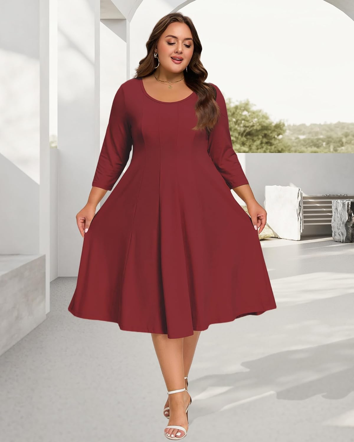 Moon Wood Women's Plus Size Midi Dress 3/4 Sleeve Crew Neck A-Line Flare Dresses with Pockets, Casual Dreses Daily Wear - Image 4