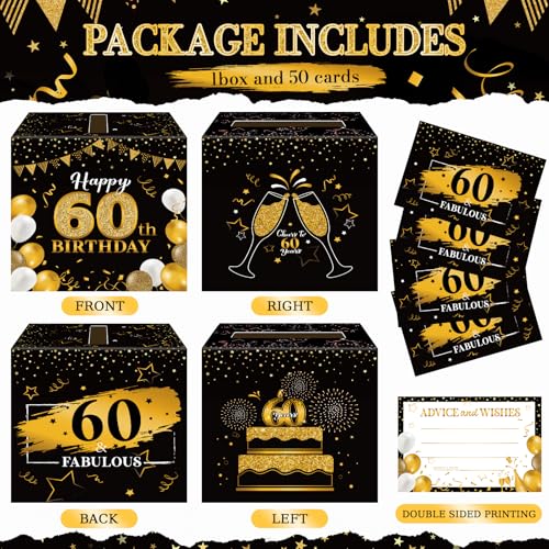 Image of Funrous 60th Birthday Party Message Card Box Cheers to 60 Years Black Gold Advice and Wishes Greeting Card Box for Men Women Birthday Decorations Party Supplies Anniversary Tables Sign Decor