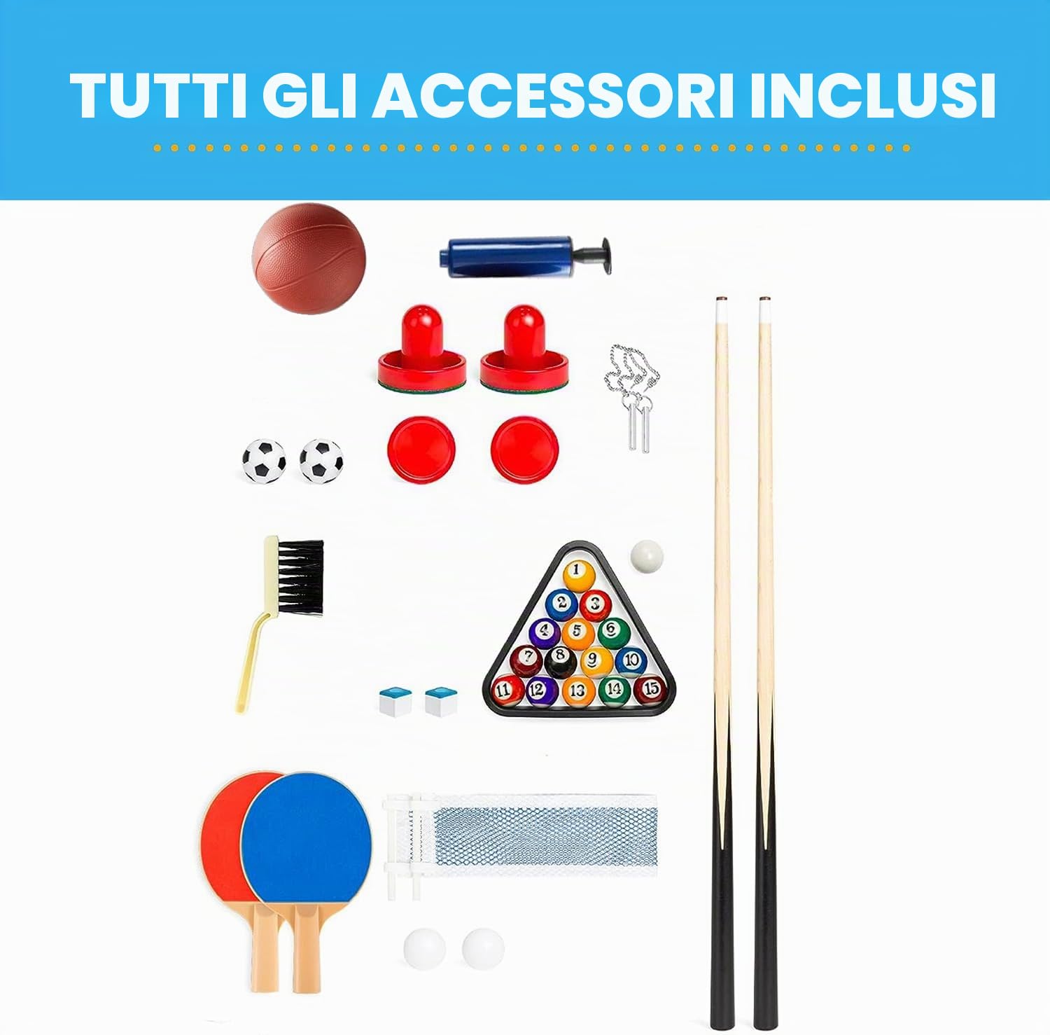 5 in 1 tavolo da multigioco, tavolo da gioco sportivo combinato per bambini tavolo da biliardo, biliardino, tavolo da ping pong, air hockey e pallacanestro con tutti gli accessori grande regalo