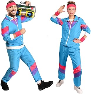 Aomig 80s Height of Fashion Shell Suit Costume, 80s Fancy Dress Men Women with Headband Wristbands, 1980s Disco Fancy Dress, 80s 90s Outfits Fashion Retro Tracksuit for Halloween Carnival Party