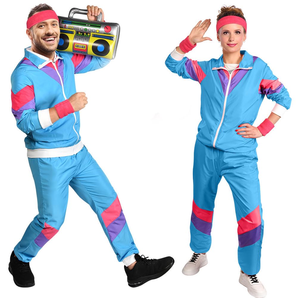 Aomig Shell Suit Costume, 80s Fashion Fancy Dress With Headband Wristbands, Retro Tracksuit for Men Women, Disco Party Halloween Carnival Outfits