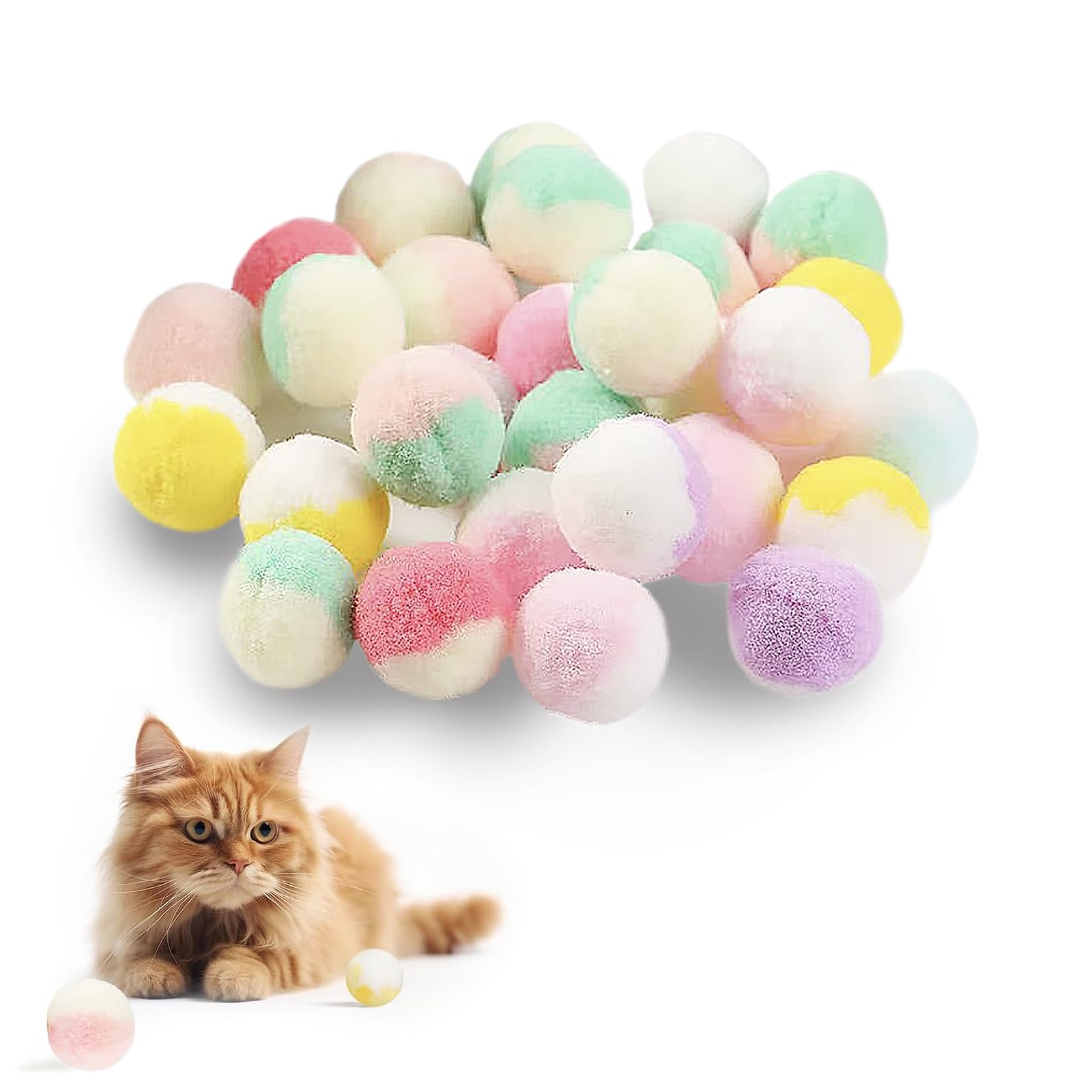 HaiPal Cat Toy Balls, 50Pcs Premium Soft Pom Pom Balls for Kittens, 1,2'' Funny Interactive Cat Pompom Toys for Bored Indoor Cats Playing Plush Balls for Craft DIY Decorations, Cute Kitten Kitty Toys.