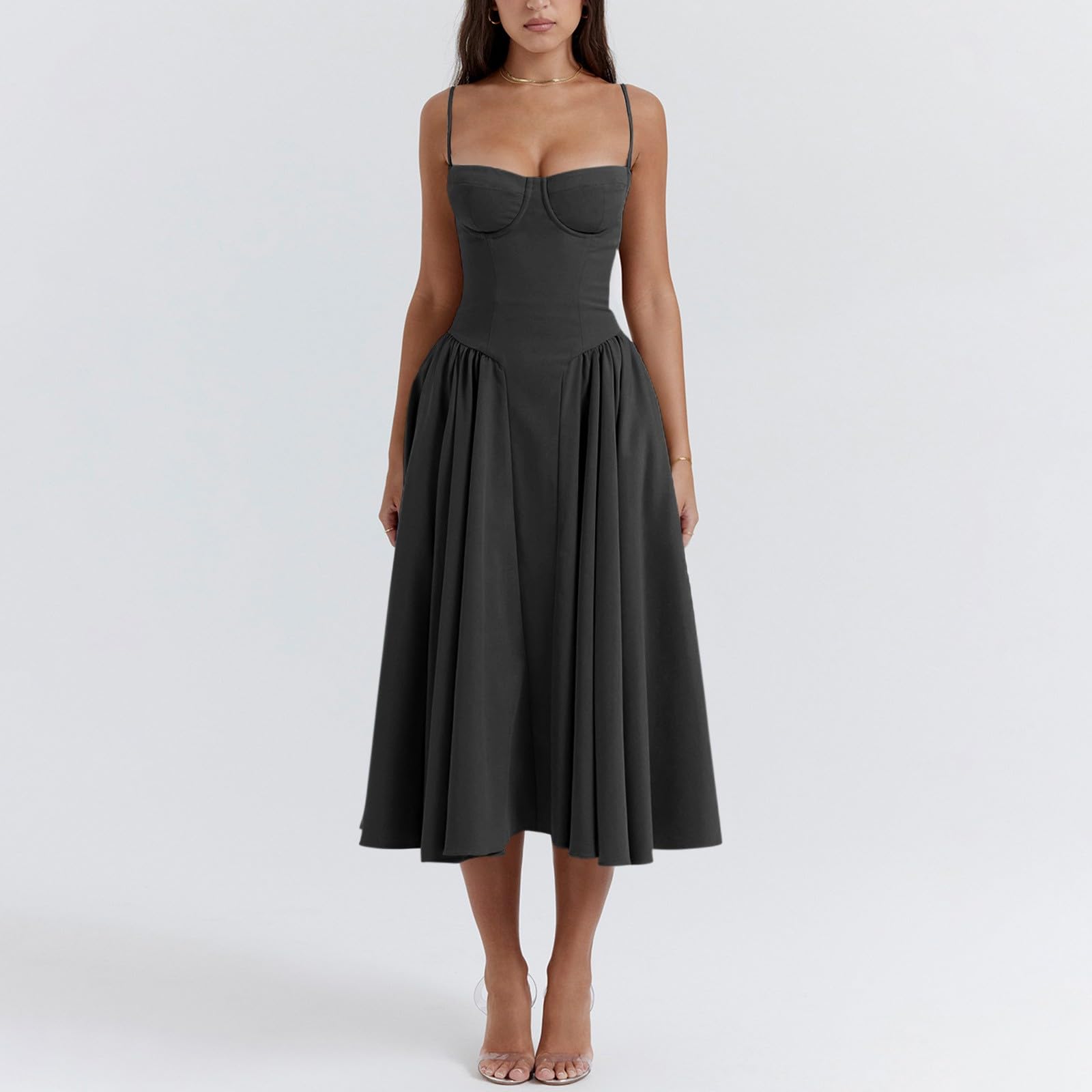 Robe Femme Chic Et Elegant Robe D'été à Bretelles Spaghetti pour Robe à Bretelles Sexy Taille Haute Robe De Cocktail pour Invités De Mariage Classique Mi-Longue Robe De Soirée Tailles S à XL