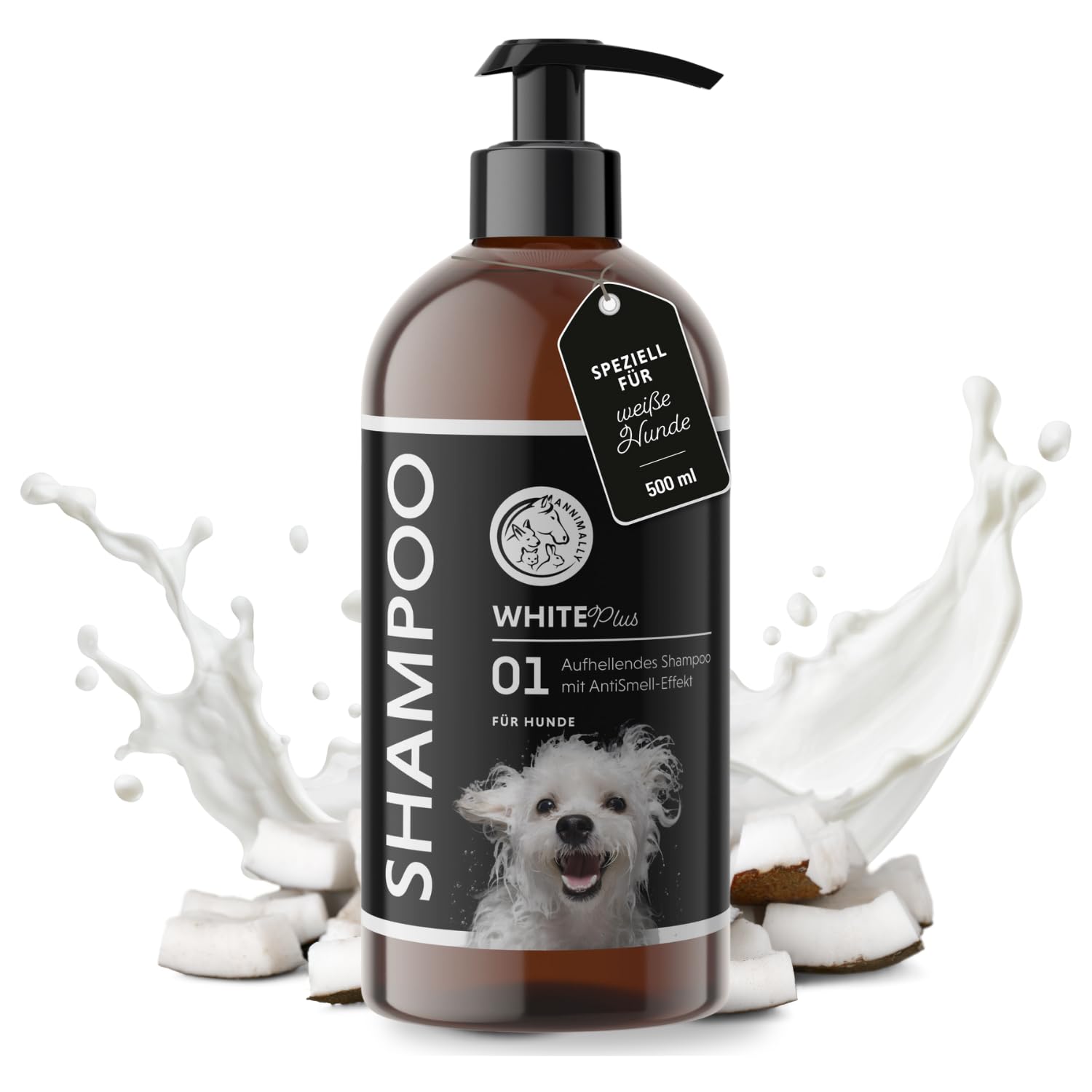 Annimally White Plus Pflegeset - Natürliches Hundeshampoo, Conditioner & Leave-In Spray mit Anti-Gelb-Effekt für weißes Fell, ph-neutrale Fleckenentfernung & Glanz ohne Bleichmittel - je 500 ml