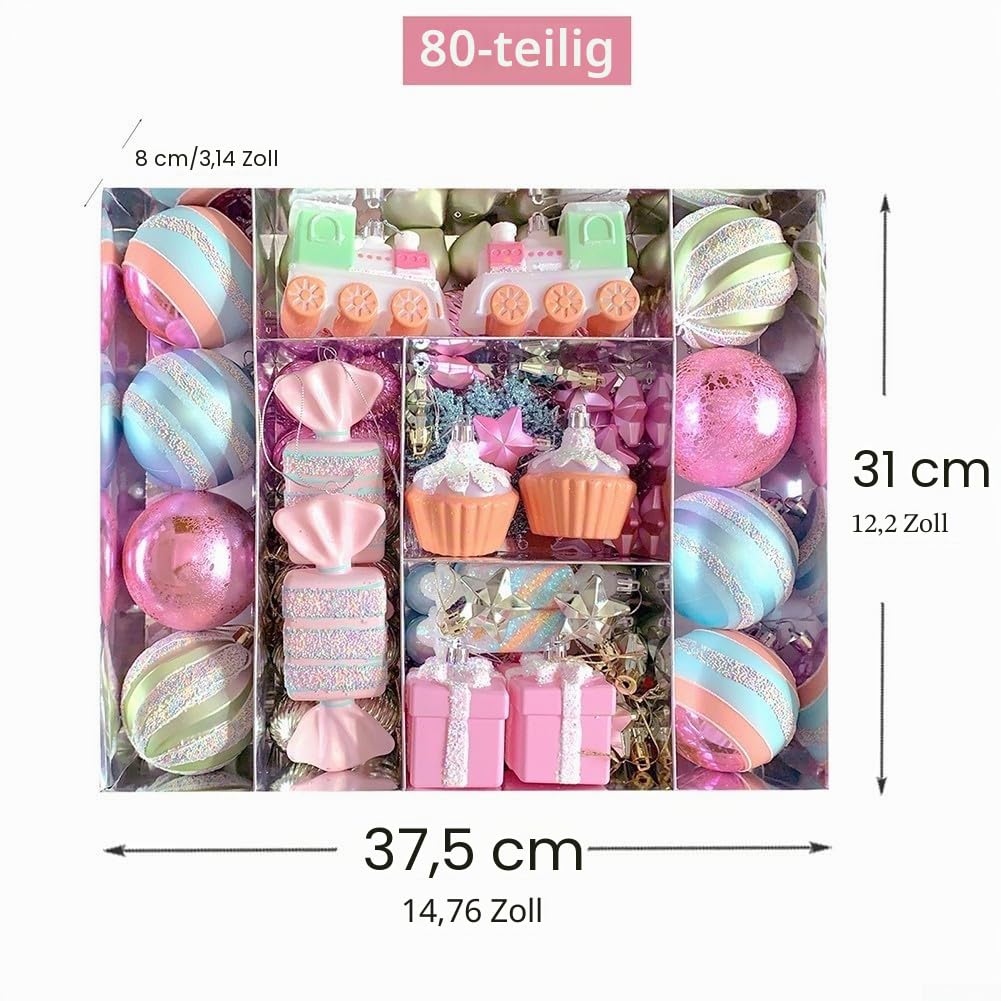 Dekoratives Anhänger-Set mit Macaron-Designs, bezaubernde Weihnachtskugeln mit Süßigkeiten- und Schneeflocken-Formen für Cheer (80 Stück)