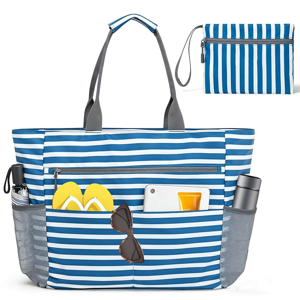 Große Strandtasche mit Reißverschluss für Familie, Faltbare XXL Beach Tote Bag, Große Badetasche Damen, Wasserdichte Sandabweisend für Strand, Pool, Picknick & Reise