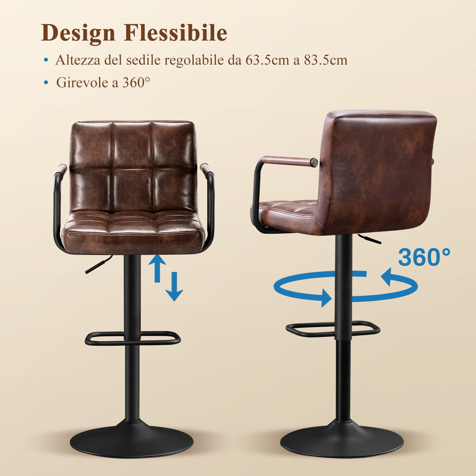 Set di 2 Sgabelli da Bar, Sgabelli Cucina Girevole 360°Altezza Regolabile da Penisola, Sgabelli Alto in Similpelle con Schienale, Bracciolo, Poggiapiedi per Bar Cucina Ristorante, Marrone scuro