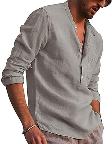 Miniatura 3 de Ymosrh Camisas de manga larga para hombre, estilo casual, de algodón, lino, color sólido, camisas sueltas con cuello alto para hombre