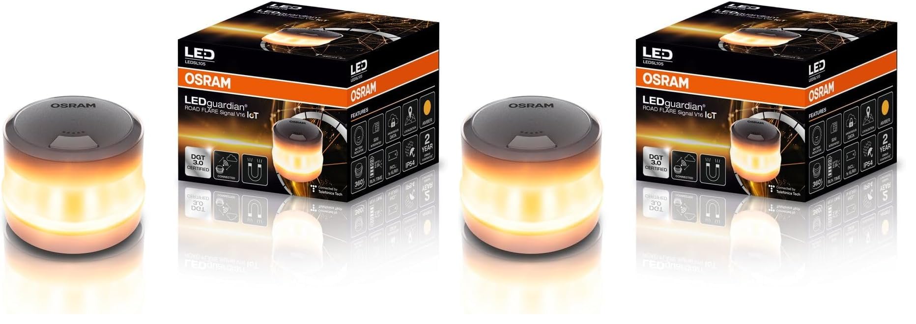 OSRAM LEDguardian Road Flare Signal V16 IoT, DGT 3.0 Certified LED Warning Light, Mandatory Use in Spain, 1900K, Real Time Localization (Pack of 2)