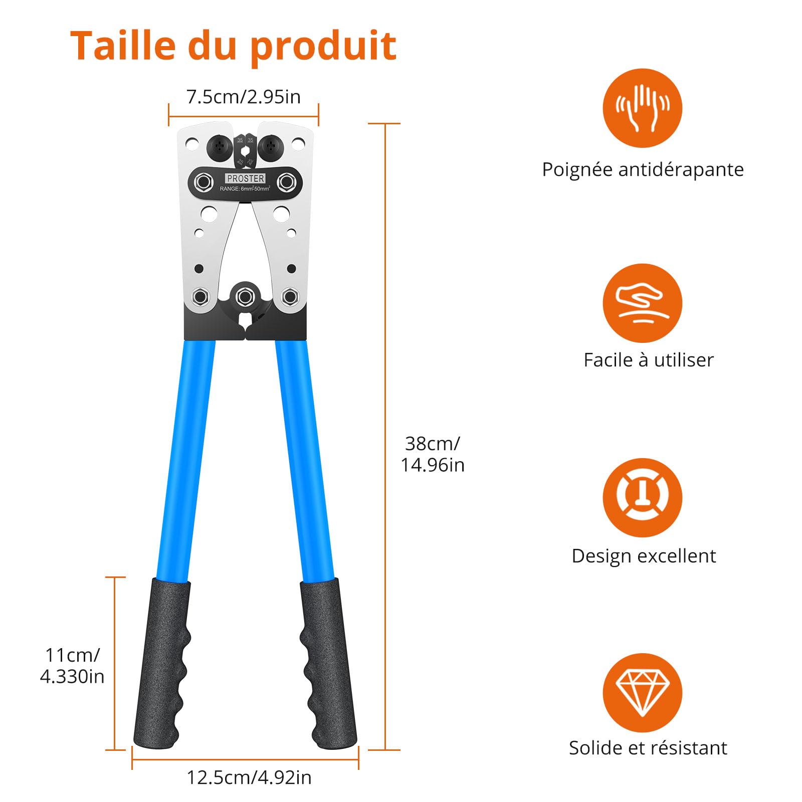 Proster Pince à Sertir Câble 6-50mm² Kit Sertissage Cuivre - Outil Sertir Cosse SC Cuivre Électrique avec 45 Cosses Épaisses - Pour Batterie Voiture Bricolage Installation Électrique