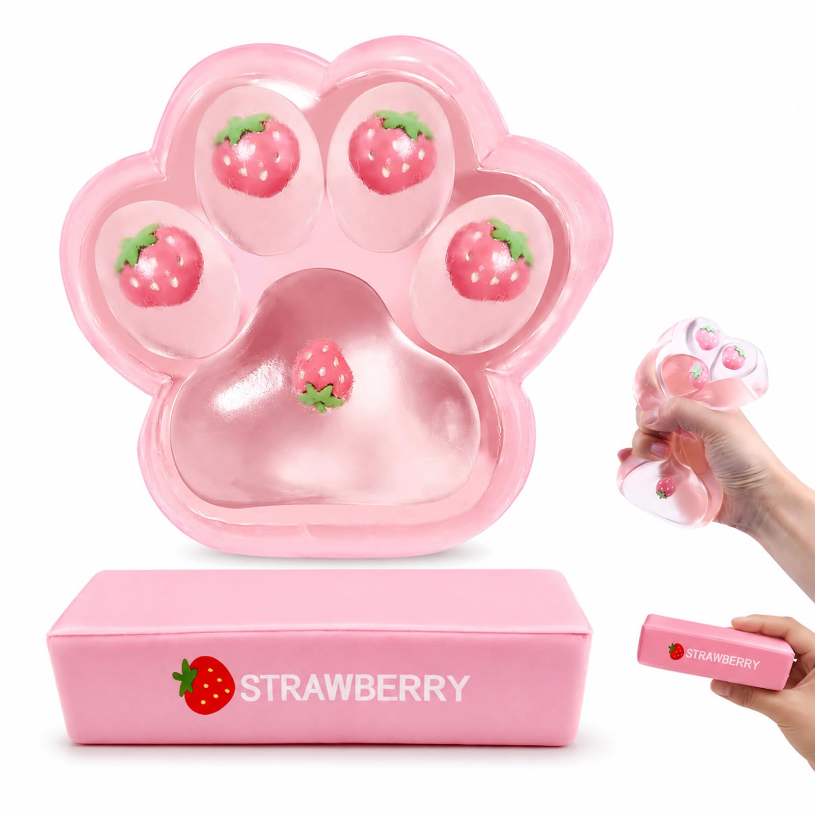 2 PCS Taba Squishy Paw, Strawberry Squishy, Improve Concentration, Soft Cat Paw, Strawberry Stick Design for Adults, Portable Desk Accessories for Travel