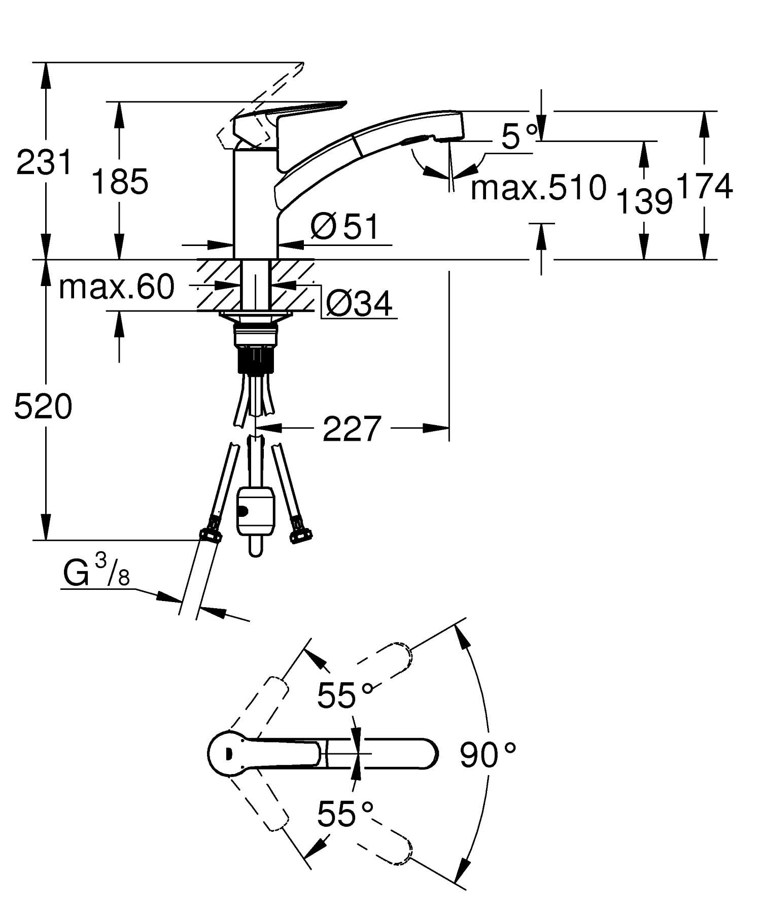 GROHE QUICKFIX Start Bateria zlewozmywakowa, wysuwany prysznic, 2-strumieniowy diverter, obrót o 90°, łatwa instalacja i czyszczenie, chrom, 30531001 (import z Niemiec)