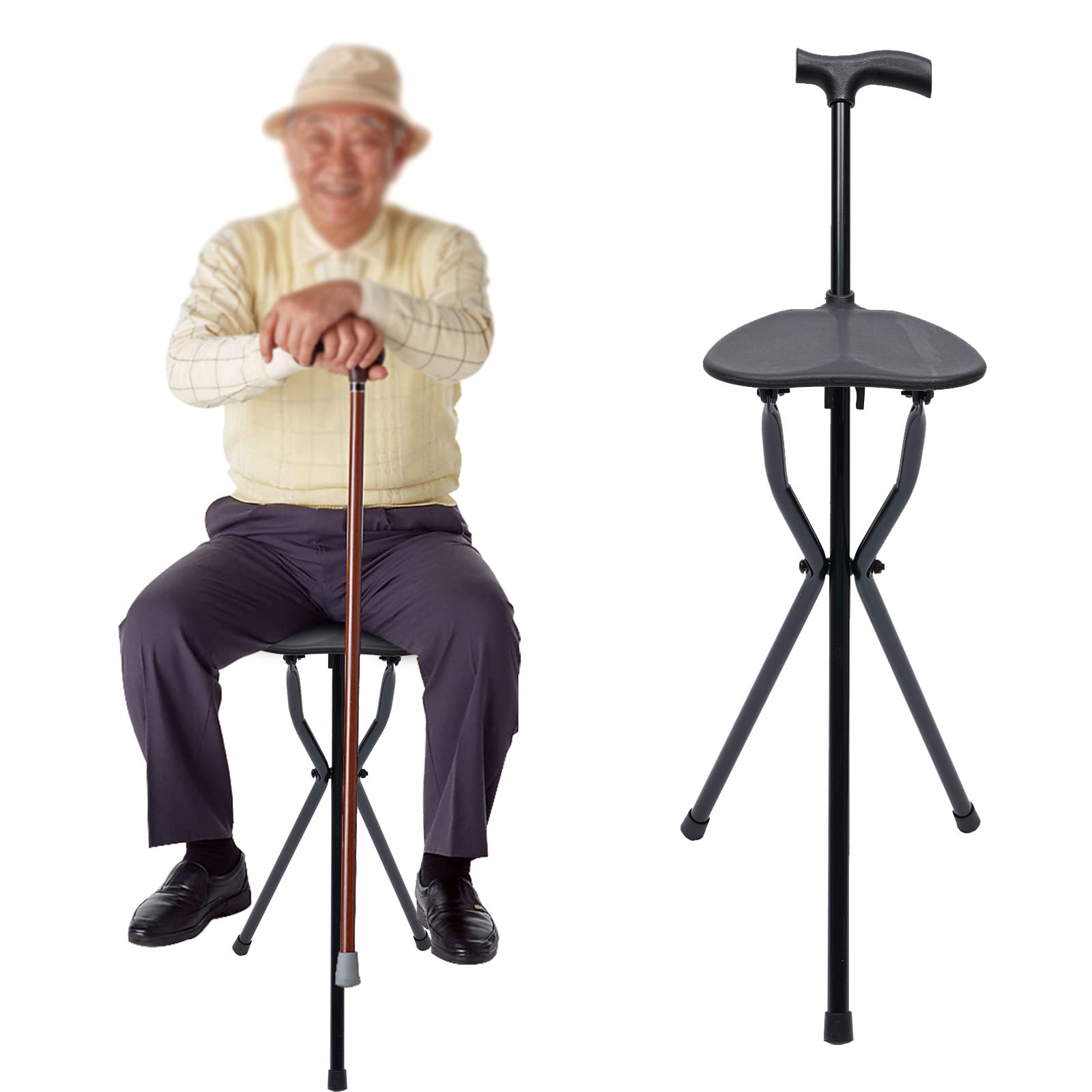 250lb Load Tripod Cane Chair,1.7lb Lightweight Elderly Crutches,Aluminum Crutches Chair,Foldable Tripod Chair Seat Stool for Elderly,Rubber Foot Pad Anti-Slip,Collapse Elderly Cane