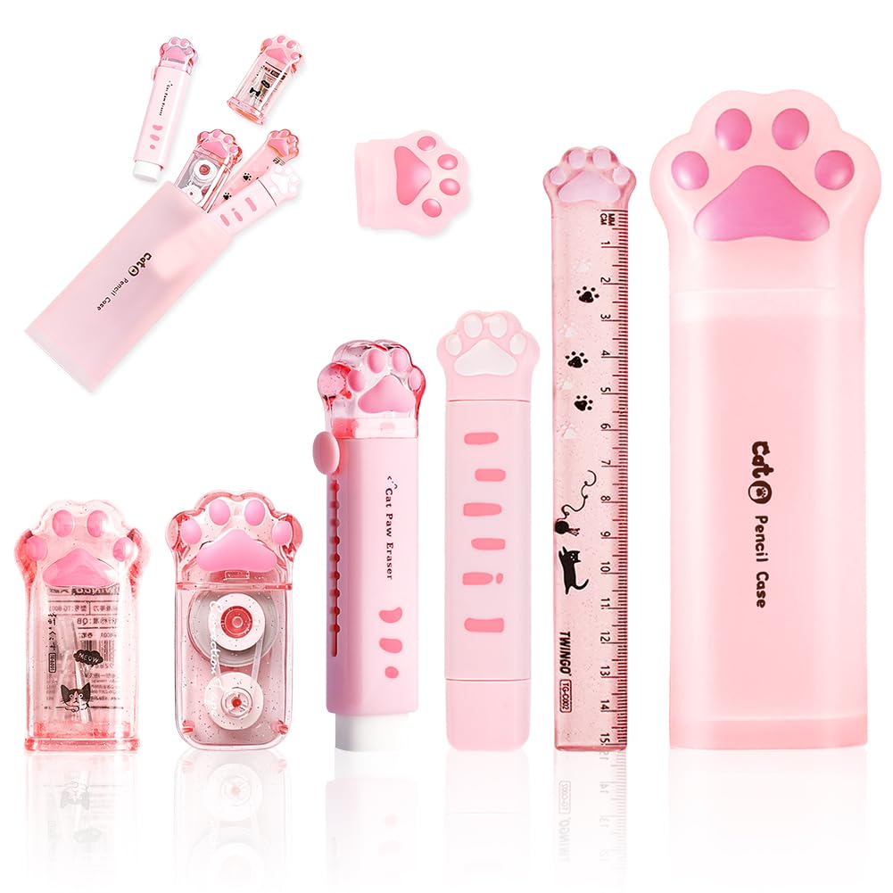 APZRYFF Cute Cat Stationery Set, Cat Claw Stationery Set, Cat Pencil Pouch Pencil Case, Cute Cat Paw Erasers Pencil Sharpener Correction Tape Ruler for School Office Supplies(Pink)