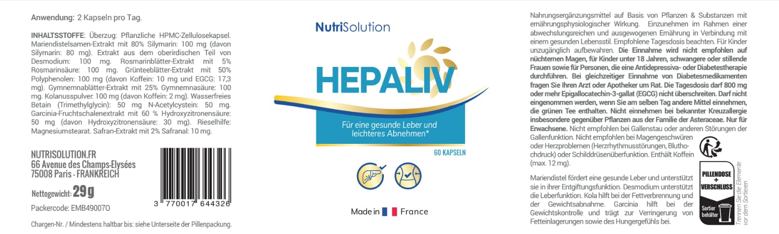 NutriSolution Hépaliv -Kapseln - Detox-Formel mit Mariendistel, Desmodium & Grüntee für gesundheit, Gewichtsmanagement & Fettverbrennung - 60 Kapseln (1)