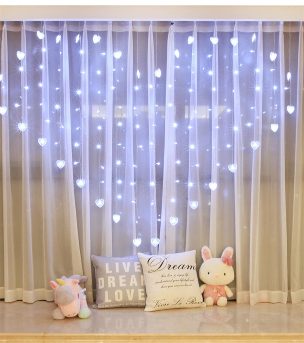 Luci fatate, Tenda Luminosa a Forma Cuore, 124 LED 124 LED 2M x 1.5M Tenda Luminosa a Forma Cuore Lampadario Porta USB Feste Camera Letto Matrimonio Decorare