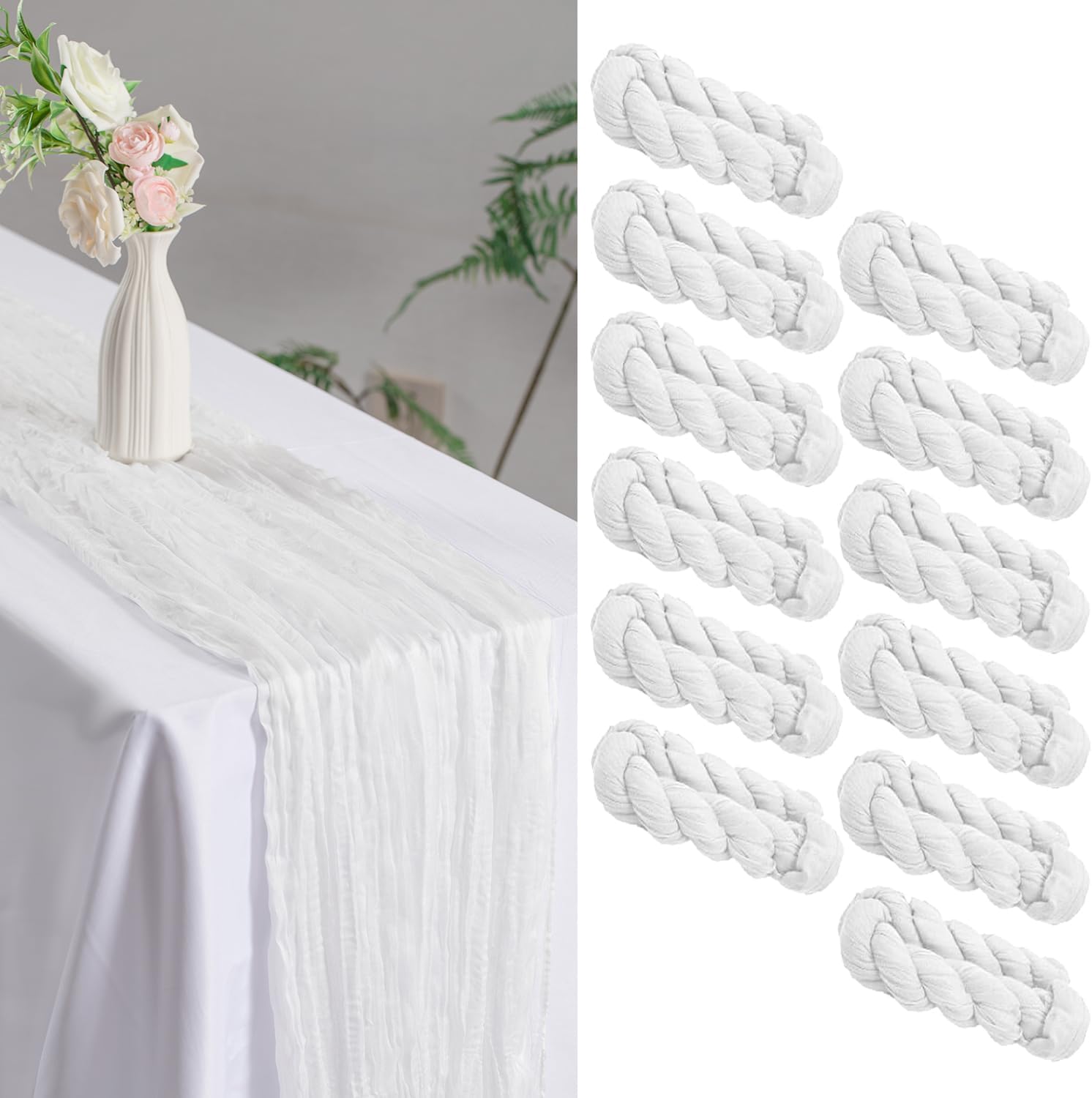 10FT Cheesecloth Table Runners for Wedding & Holiday - Jumbo 35x118 Inch Wrinkle Texture, Machine Washable Boho Table Decor (White, 12PK-35x118 inches)
