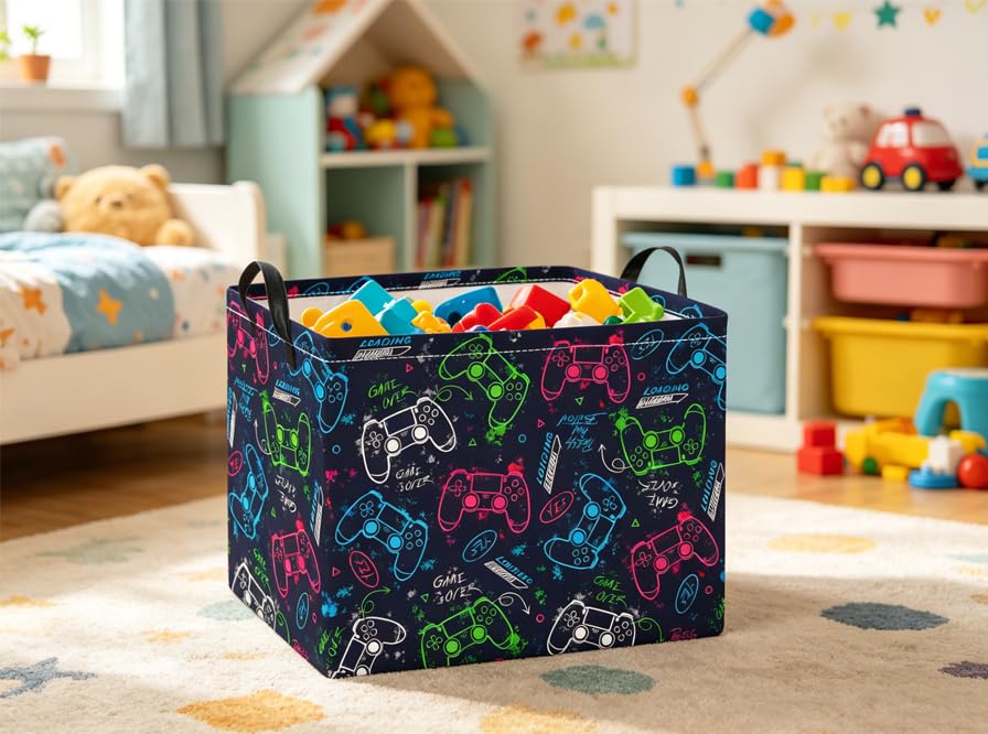 Image of Rectangular Baby Kids Storage Basket for Home Kitchen Girls Cute Toy Storage Bin Organizer Shelf Book Room Decor(Blue Game)